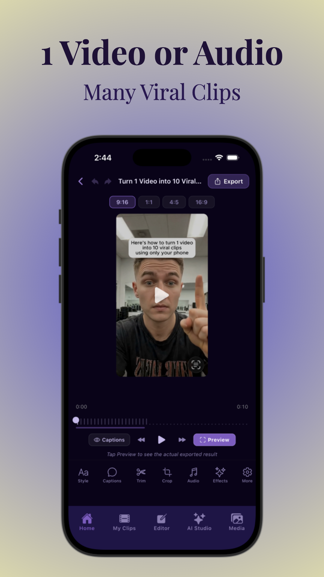 Vidulk video editing screen with viral clip tools