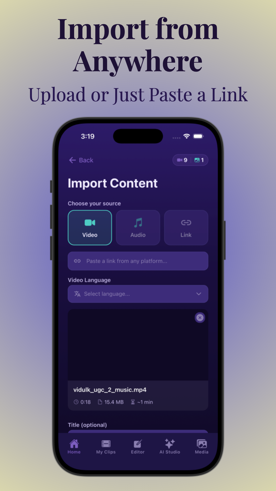 Import video by uploading or pasting link in Vidulk